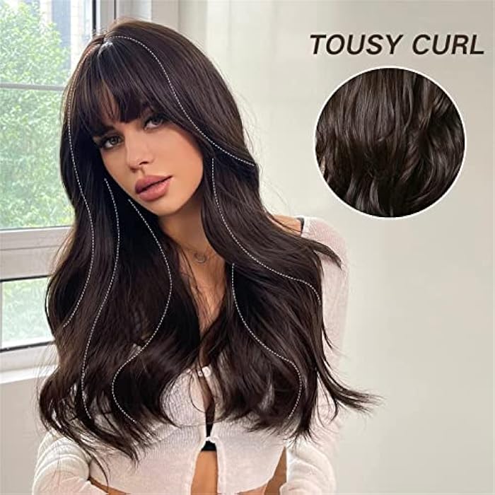 Arabest Long Wave Wigs with Bangs, Natural Curly Wavy Hair Brown Color Synthetic Wigs with Neat Bangs, Can Modify Heat Resistant Weave Wigs, Women Wigs for Daily Party Cosplay - Image 3